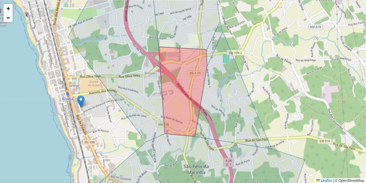 Mapa detalhado do código postal 4410-518 com limites, códigos postais vizinhos e agências dos correios