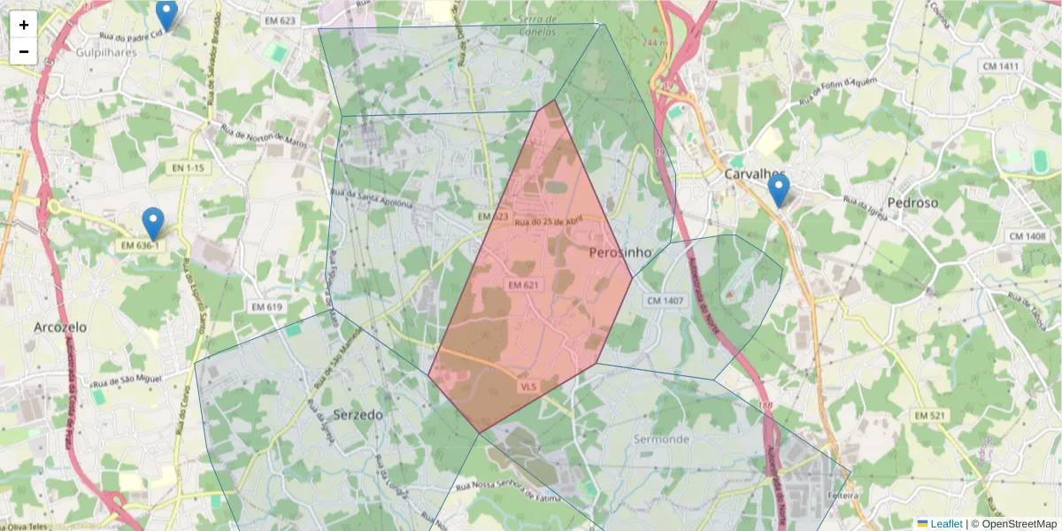 Mapa detalhado do código postal 4415-019 com limites, códigos postais vizinhos e agências dos correios