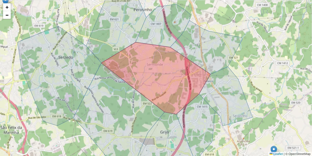 Mapa detalhado do código postal 4415-124 com limites, códigos postais vizinhos e agências dos correios