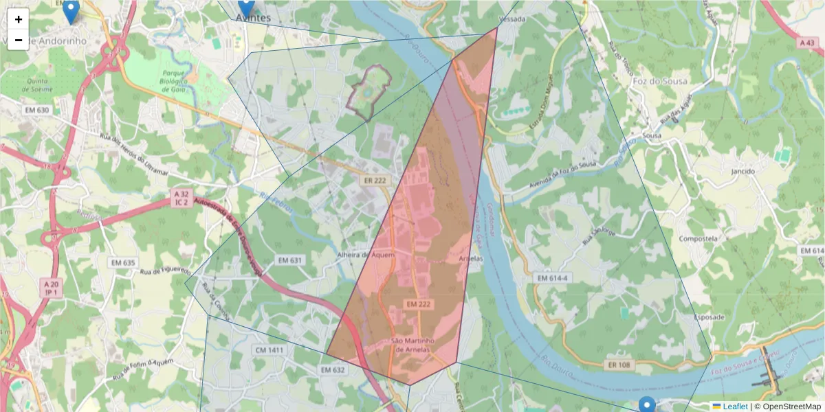 Mapa detalhado do código postal 4415-154 com limites, códigos postais vizinhos e agências dos correios