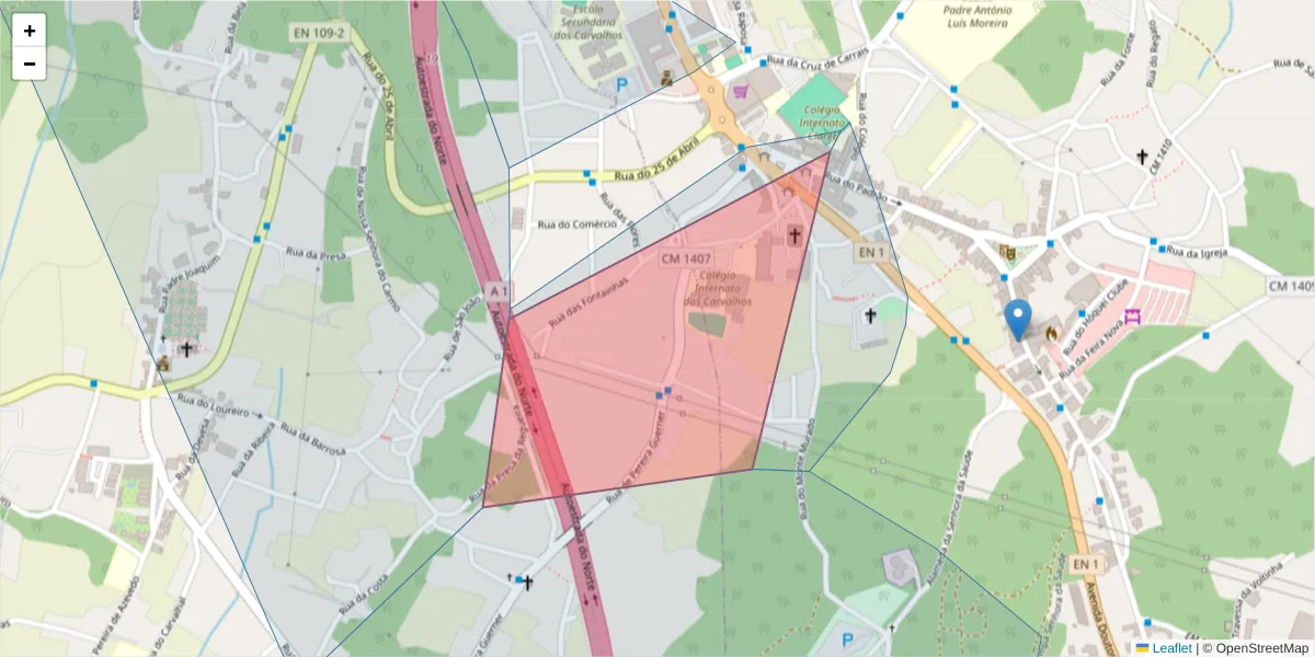Mapa detalhado do código postal 4415-267 com limites, códigos postais vizinhos e agências dos correios