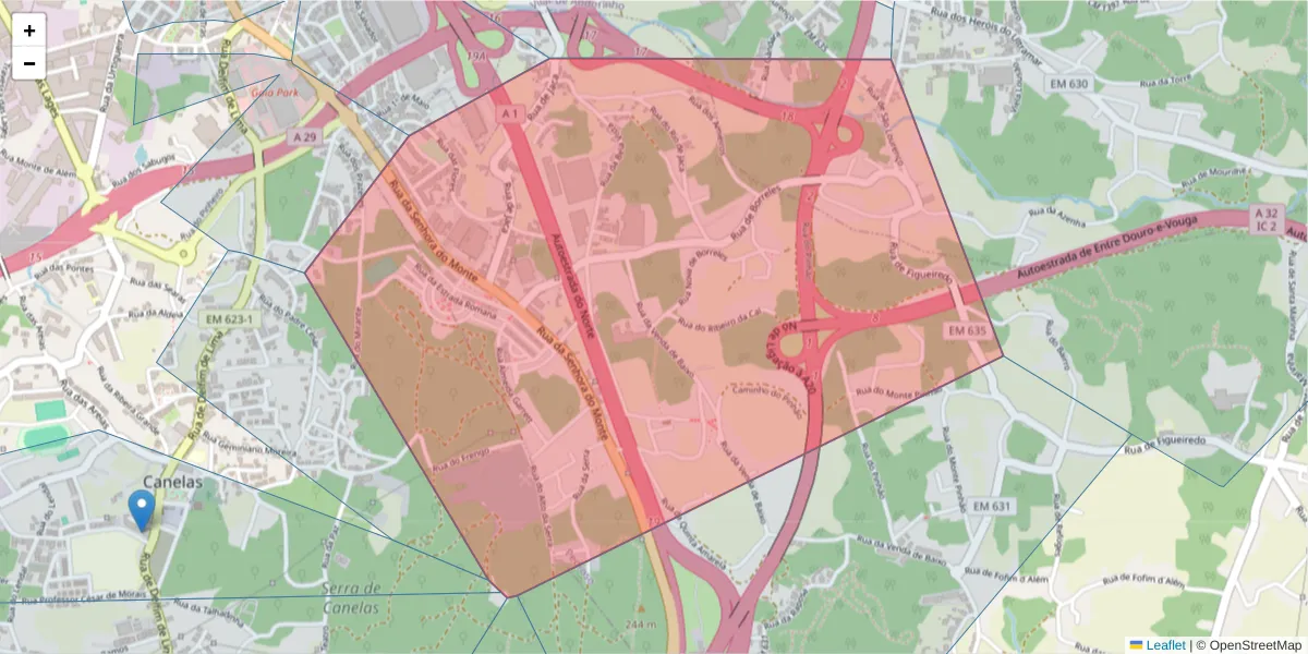 Mapa detalhado do código postal 4415-350 com limites, códigos postais vizinhos e agências dos correios
