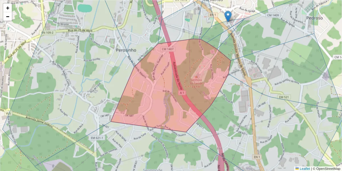 Mapa detalhado do código postal 4415-351 com limites, códigos postais vizinhos e agências dos correios