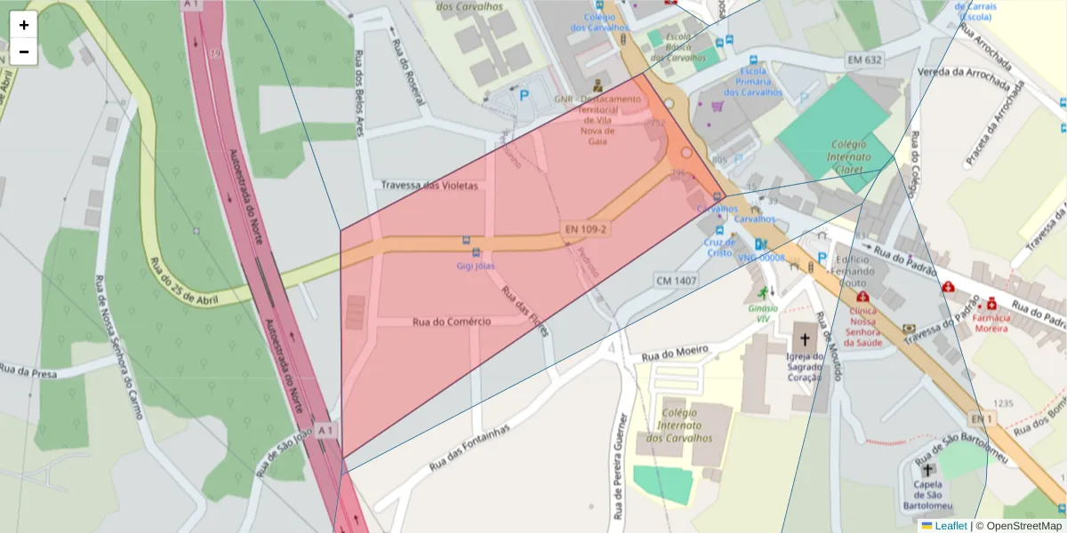Mapa detalhado do código postal 4415-381 com limites, códigos postais vizinhos e agências dos correios