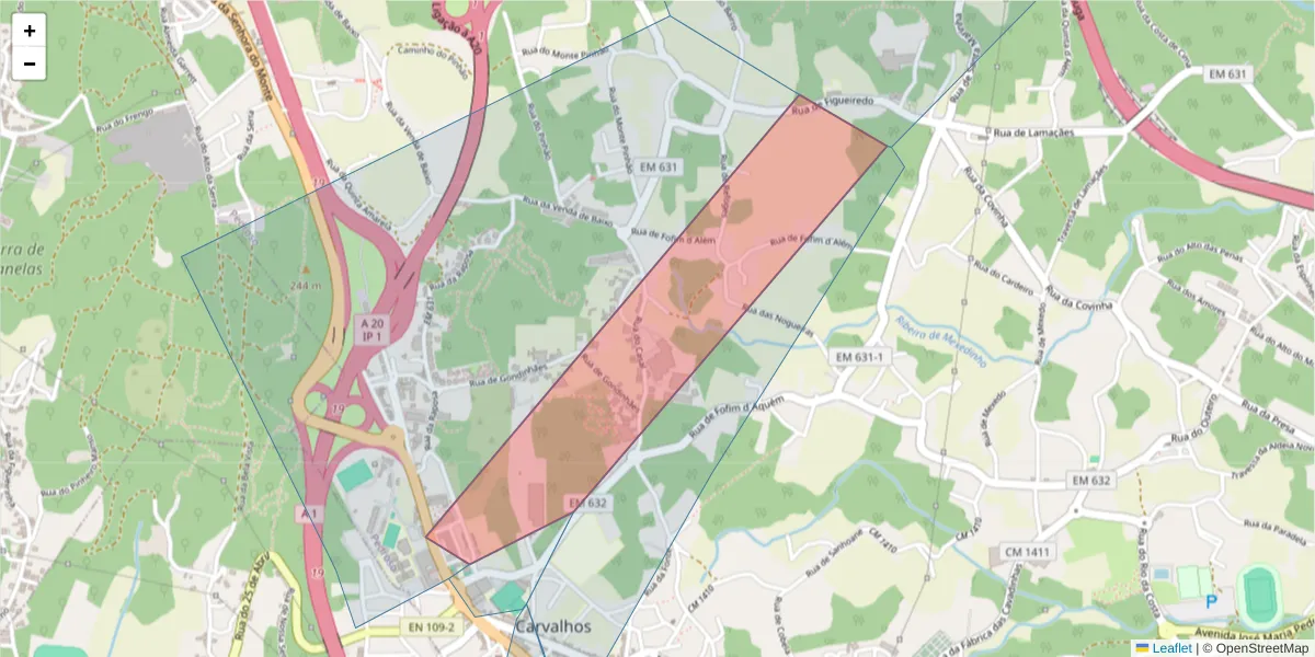 Mapa detalhado do código postal 4415-383 com limites, códigos postais vizinhos e agências dos correios