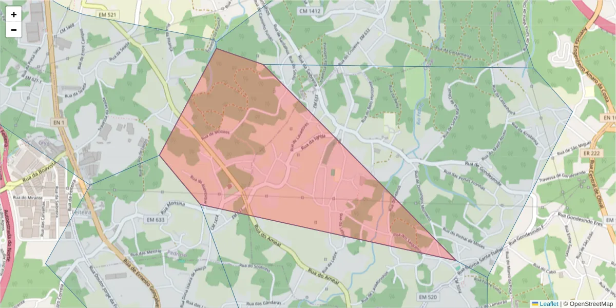Mapa detalhado do código postal 4415-707 com limites, códigos postais vizinhos e agências dos correios