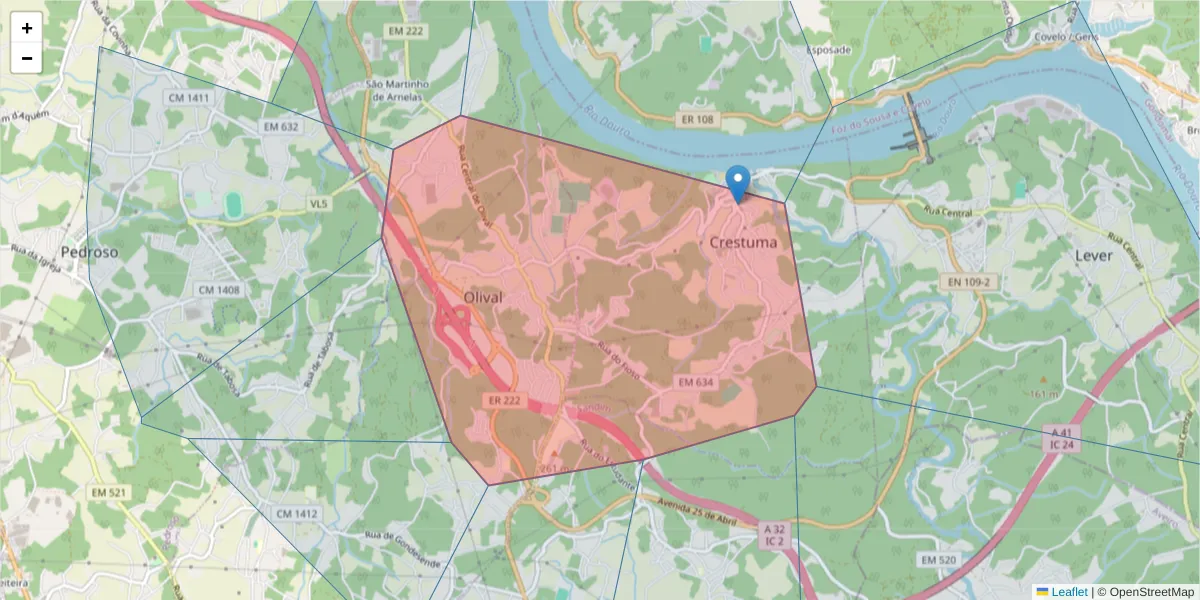 Mapa detalhado do código postal 4415-745 com limites, códigos postais vizinhos e agências dos correios
