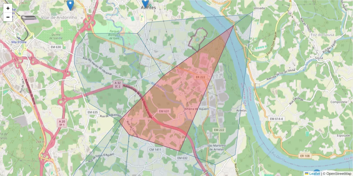 Mapa detalhado do código postal 4415 com limites, códigos postais vizinhos e agências dos correios