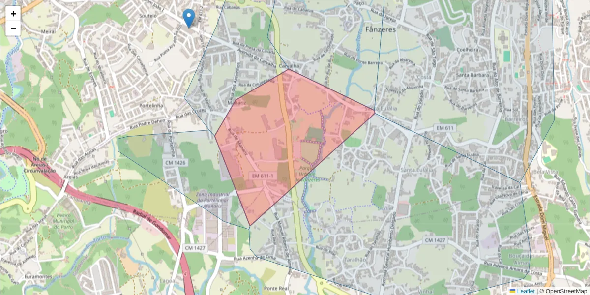 Mapa detalhado do código postal 4420-001 com limites, códigos postais vizinhos e agências dos correios