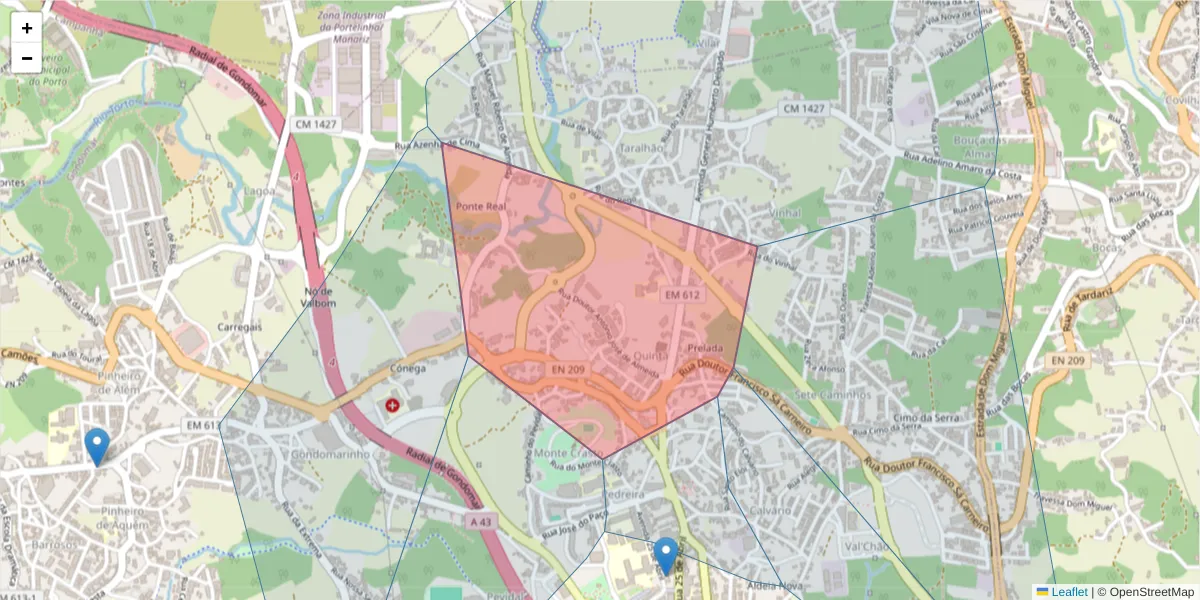 Mapa detalhado do código postal 4420-090 com limites, códigos postais vizinhos e agências dos correios