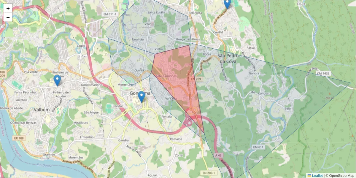 Mapa detalhado do código postal 4420-129 com limites, códigos postais vizinhos e agências dos correios