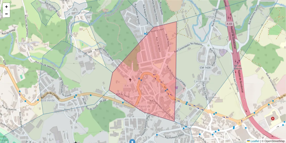 Mapa detalhado do código postal 4420-184 com limites, códigos postais vizinhos e agências dos correios