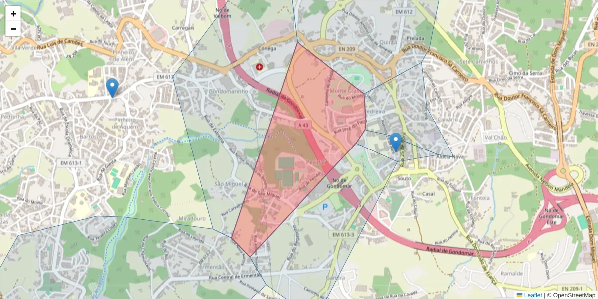 Mapa detalhado do código postal 4420-264 com limites, códigos postais vizinhos e agências dos correios