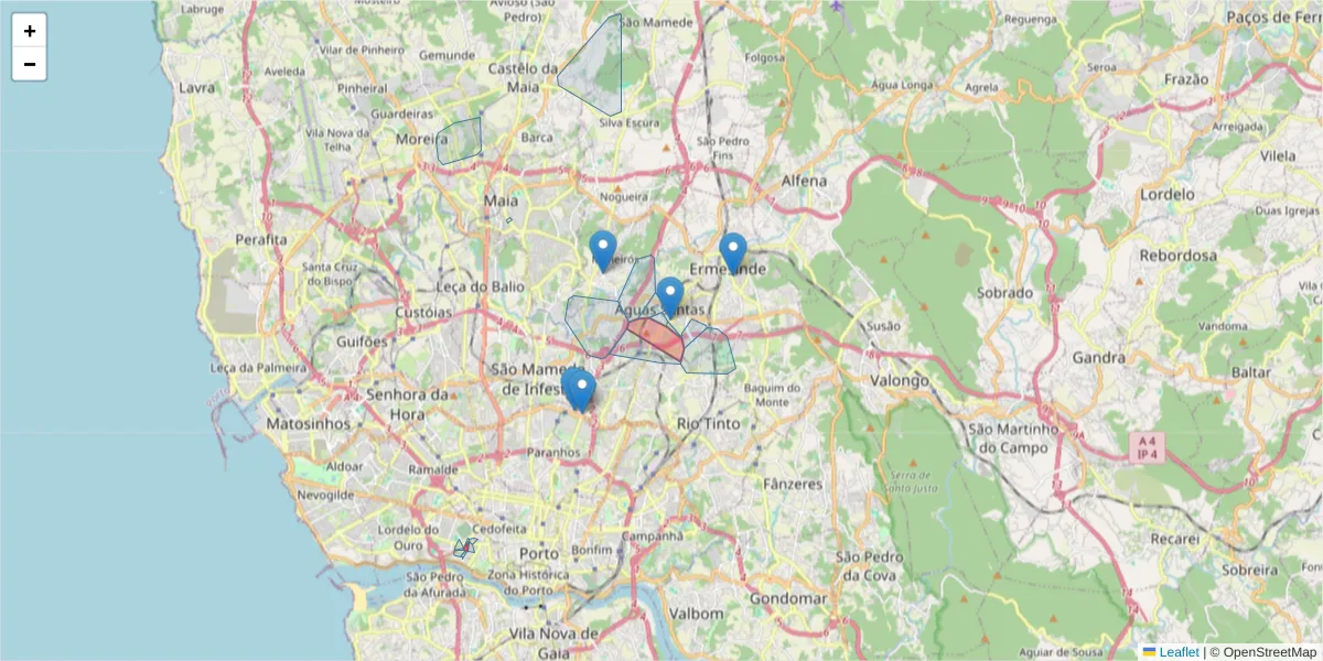 Mapa detalhado do código postal 4425-057 com limites, códigos postais vizinhos e agências dos correios