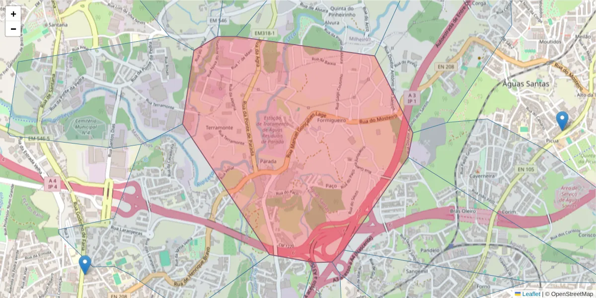 Mapa detalhado do código postal 4425-122 com limites, códigos postais vizinhos e agências dos correios