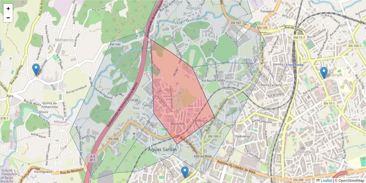 Mapa detalhado do código postal 4425-143 com limites, códigos postais vizinhos e agências dos correios