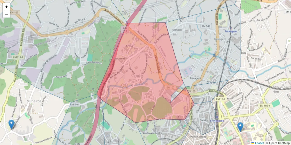 Mapa detalhado do código postal 4425-500 com limites, códigos postais vizinhos e agências dos correios