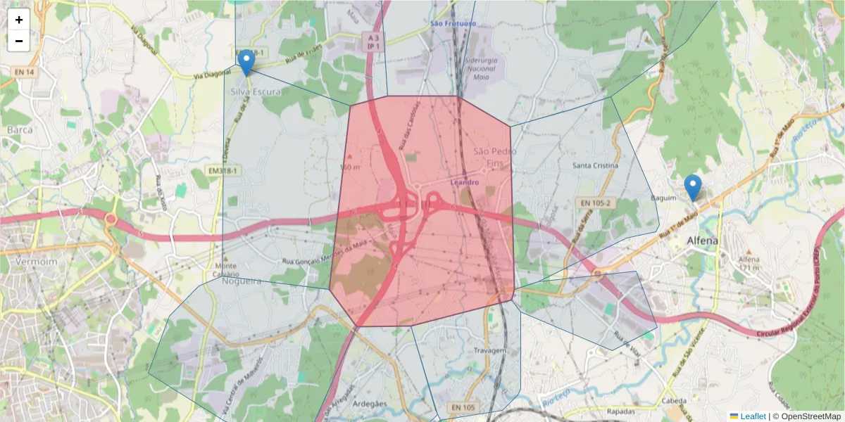 Mapa detalhado do código postal 4425-510 com limites, códigos postais vizinhos e agências dos correios