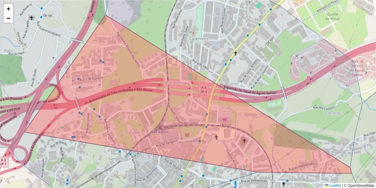 Mapa detalhado do código postal 4425-692 com limites, códigos postais vizinhos e agências dos correios
