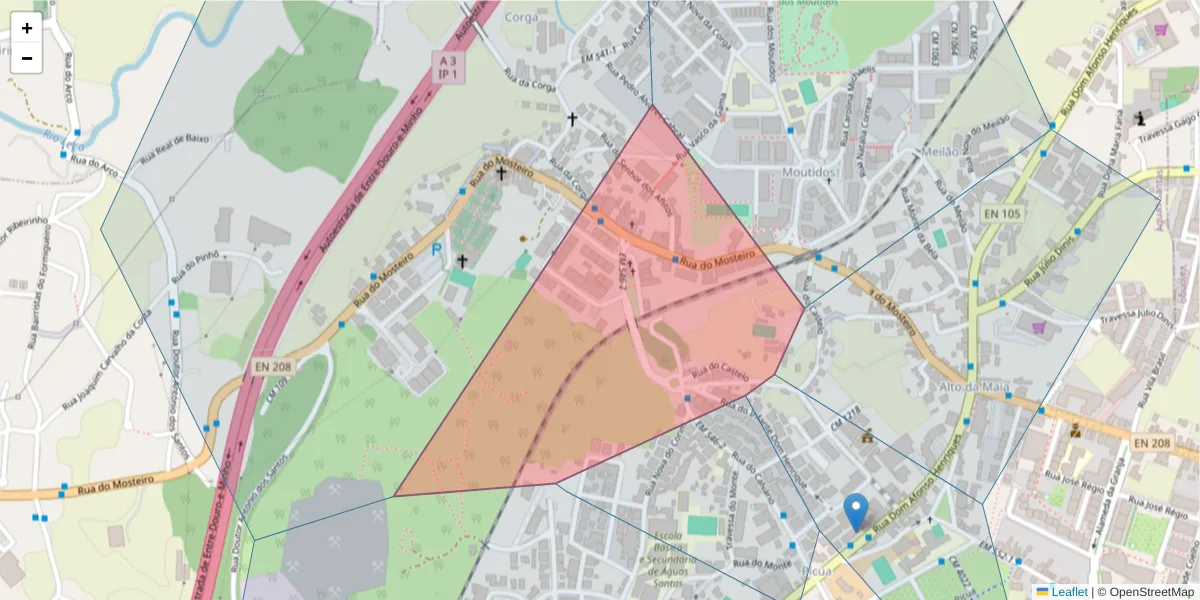 Mapa detalhado do código postal 4425 com limites, códigos postais vizinhos e agências dos correios