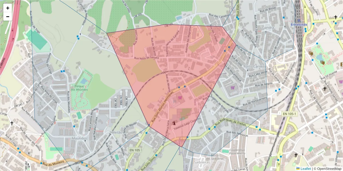 Mapa detalhado do código postal 4425057 com limites, códigos postais vizinhos e agências dos correios