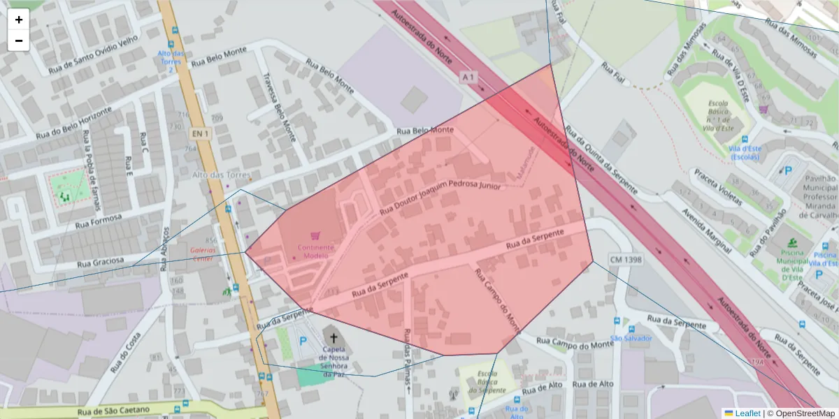 Mapa detalhado do código postal 4430-010 com limites, códigos postais vizinhos e agências dos correios