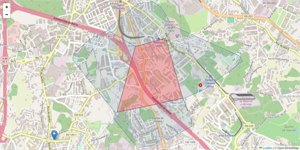 Mapa detalhado do código postal 4430-017 com limites, códigos postais vizinhos e agências dos correios