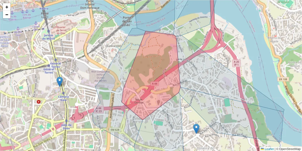 Mapa detalhado do código postal 4430-024 com limites, códigos postais vizinhos e agências dos correios