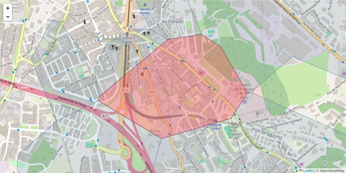 Mapa detalhado do código postal 4430-057 com limites, códigos postais vizinhos e agências dos correios