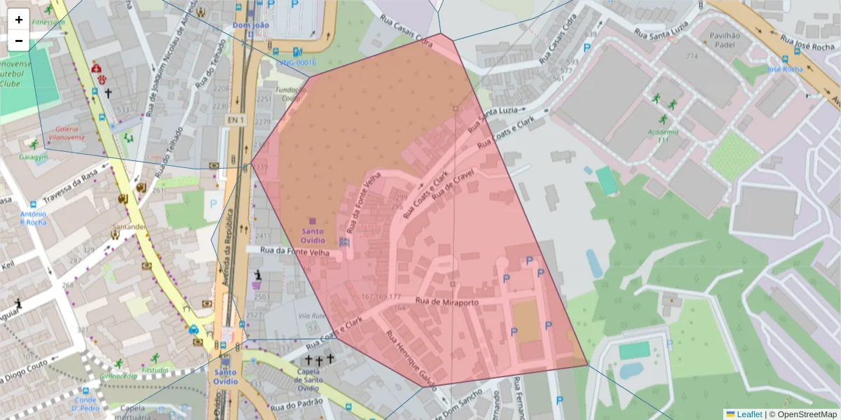 Mapa detalhado do código postal 4430-102 com limites, códigos postais vizinhos e agências dos correios