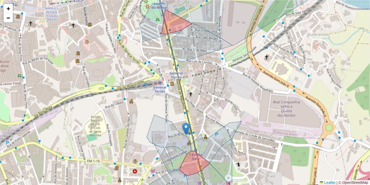 Mapa detalhado do código postal 4430-188 com limites, códigos postais vizinhos e agências dos correios