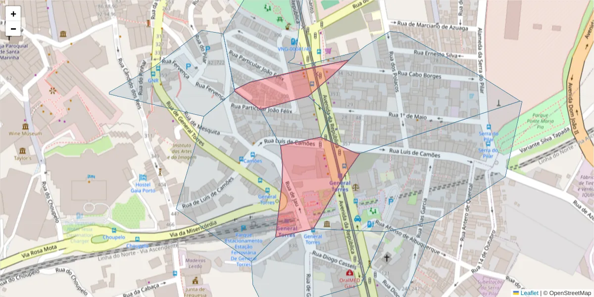 Mapa detalhado do código postal 4430-189 com limites, códigos postais vizinhos e agências dos correios