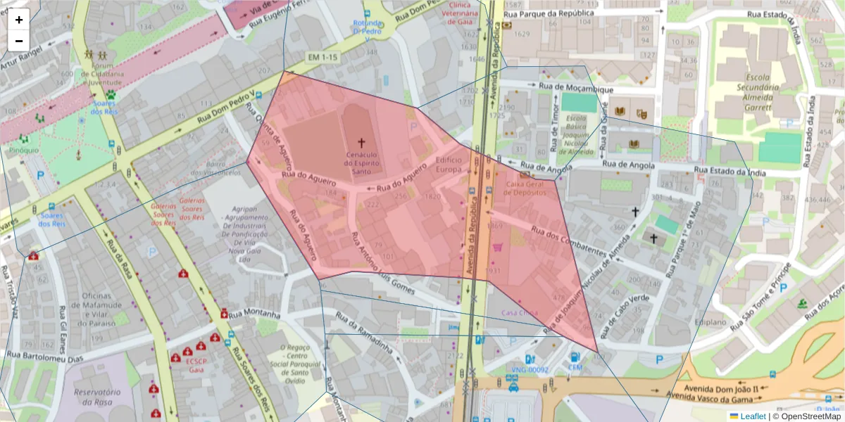 Mapa detalhado do código postal 4430-194 com limites, códigos postais vizinhos e agências dos correios