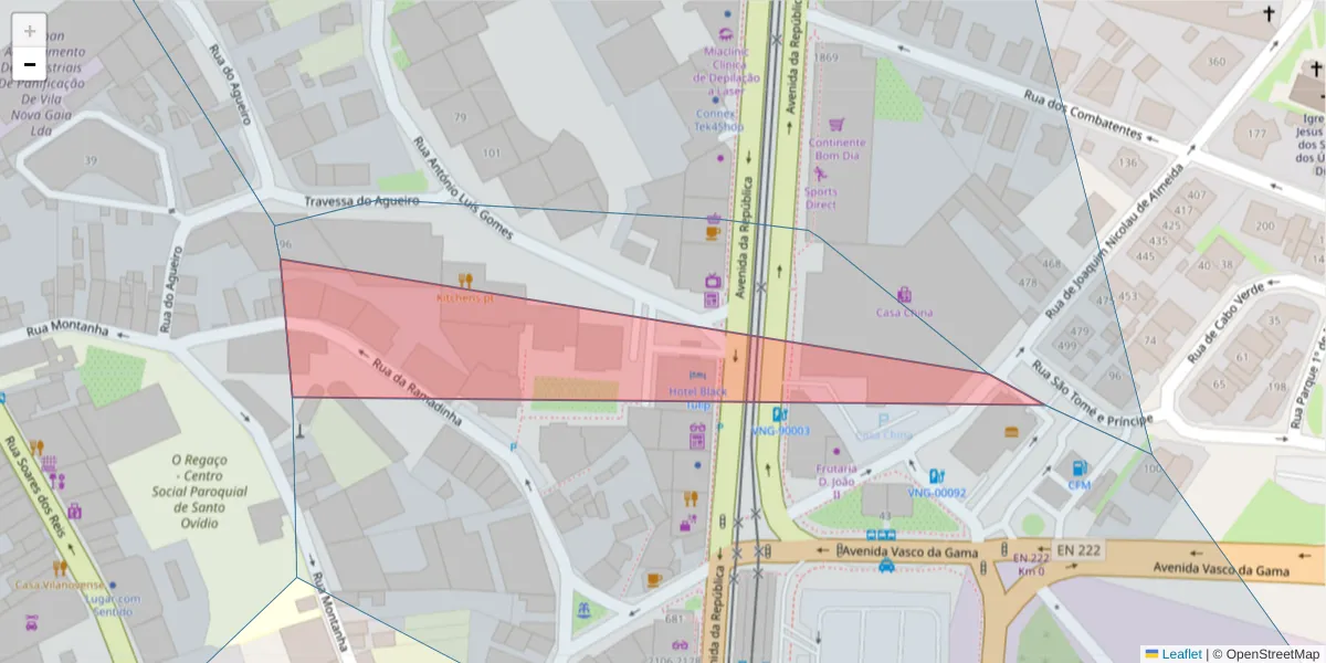 Mapa detalhado do código postal 4430-195 com limites, códigos postais vizinhos e agências dos correios