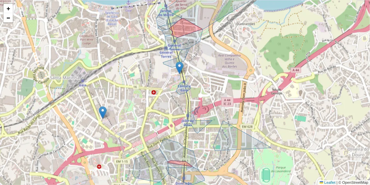 Mapa detalhado do código postal 4430-199 com limites, códigos postais vizinhos e agências dos correios