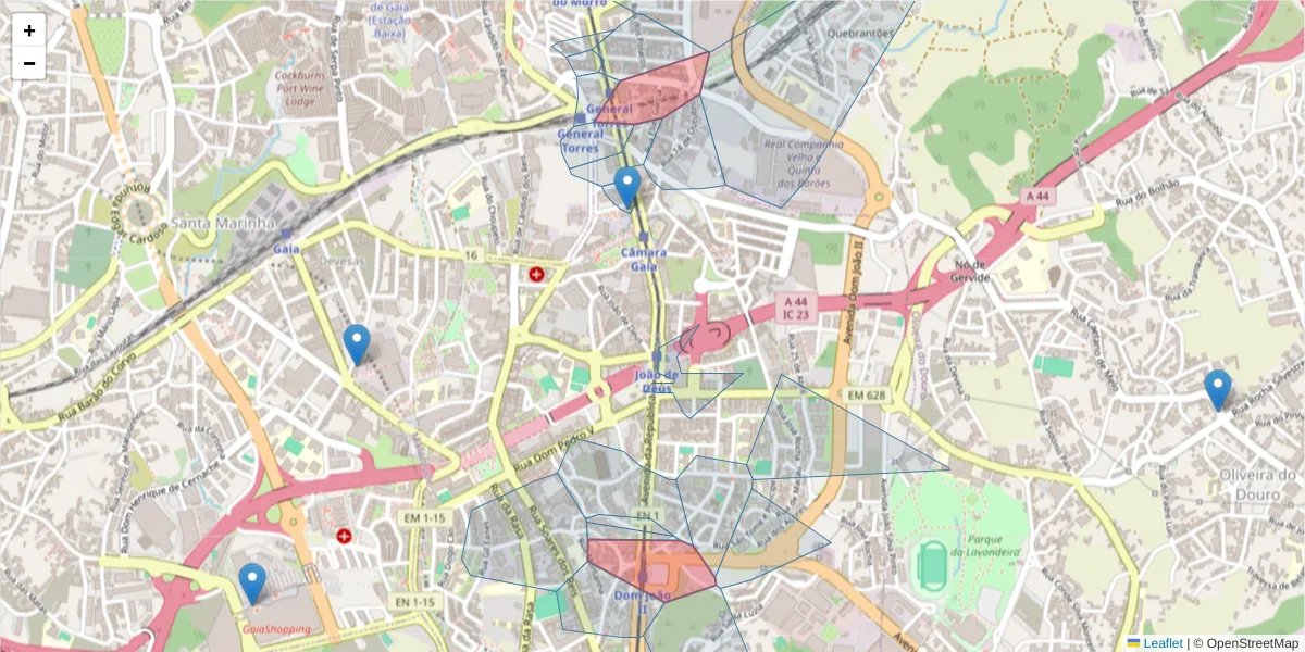 Mapa detalhado do código postal 4430-200 com limites, códigos postais vizinhos e agências dos correios