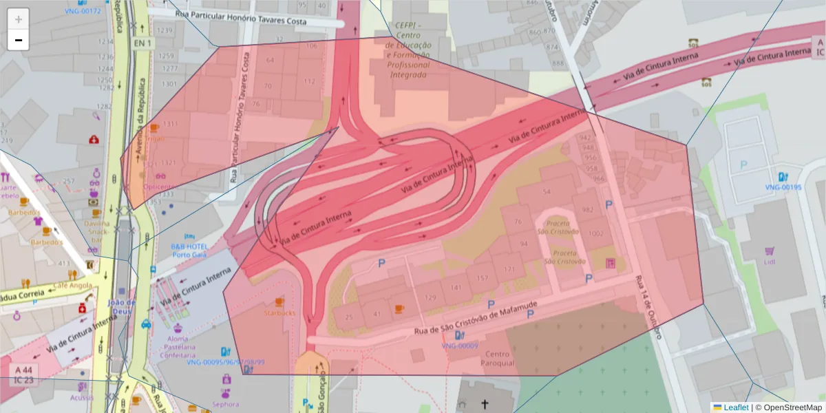 Mapa detalhado do código postal 4430-204 com limites, códigos postais vizinhos e agências dos correios