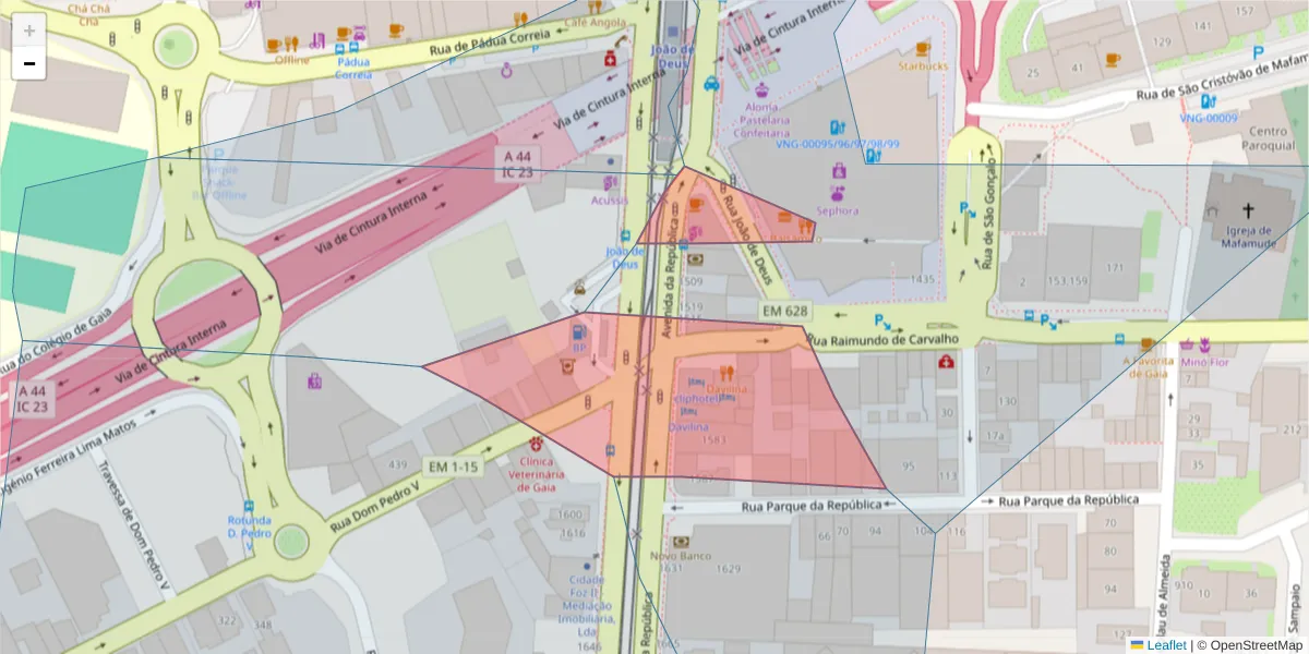 Mapa detalhado do código postal 4430-205 com limites, códigos postais vizinhos e agências dos correios