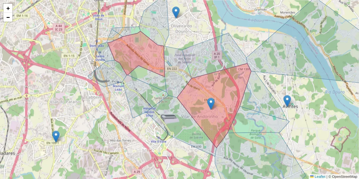 Mapa detalhado do código postal 4430-247 com limites, códigos postais vizinhos e agências dos correios