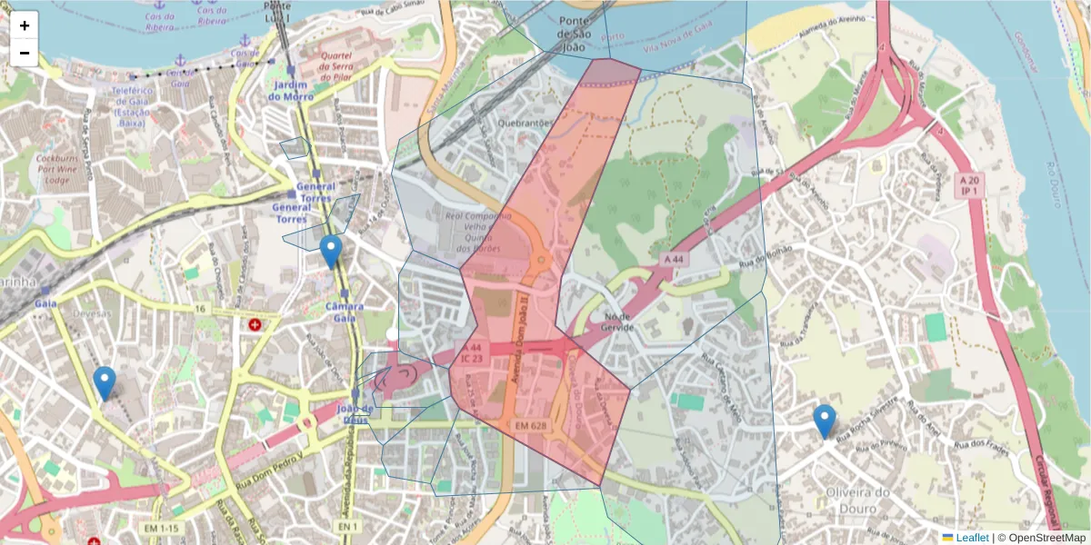 Mapa detalhado do código postal 4430-415 com limites, códigos postais vizinhos e agências dos correios