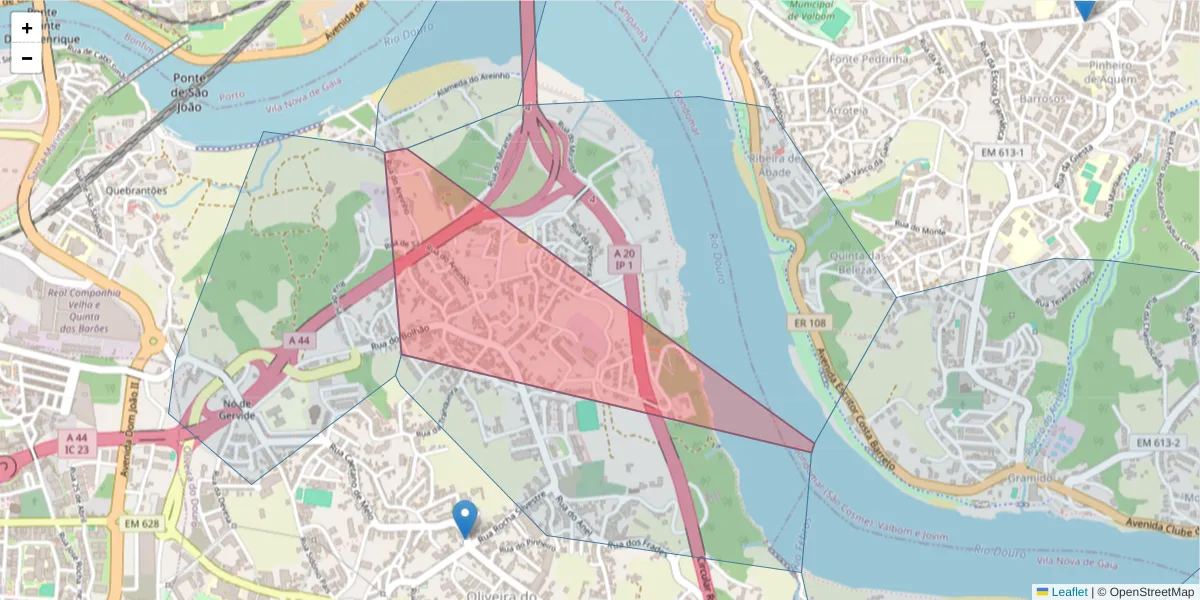 Mapa detalhado do código postal 4430-427 com limites, códigos postais vizinhos e agências dos correios