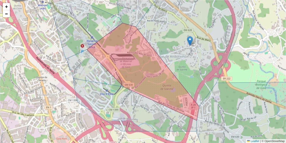 Mapa detalhado do código postal 4430-433 com limites, códigos postais vizinhos e agências dos correios