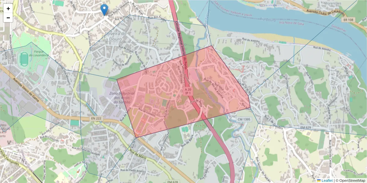 Mapa detalhado do código postal 4430-545 com limites, códigos postais vizinhos e agências dos correios
