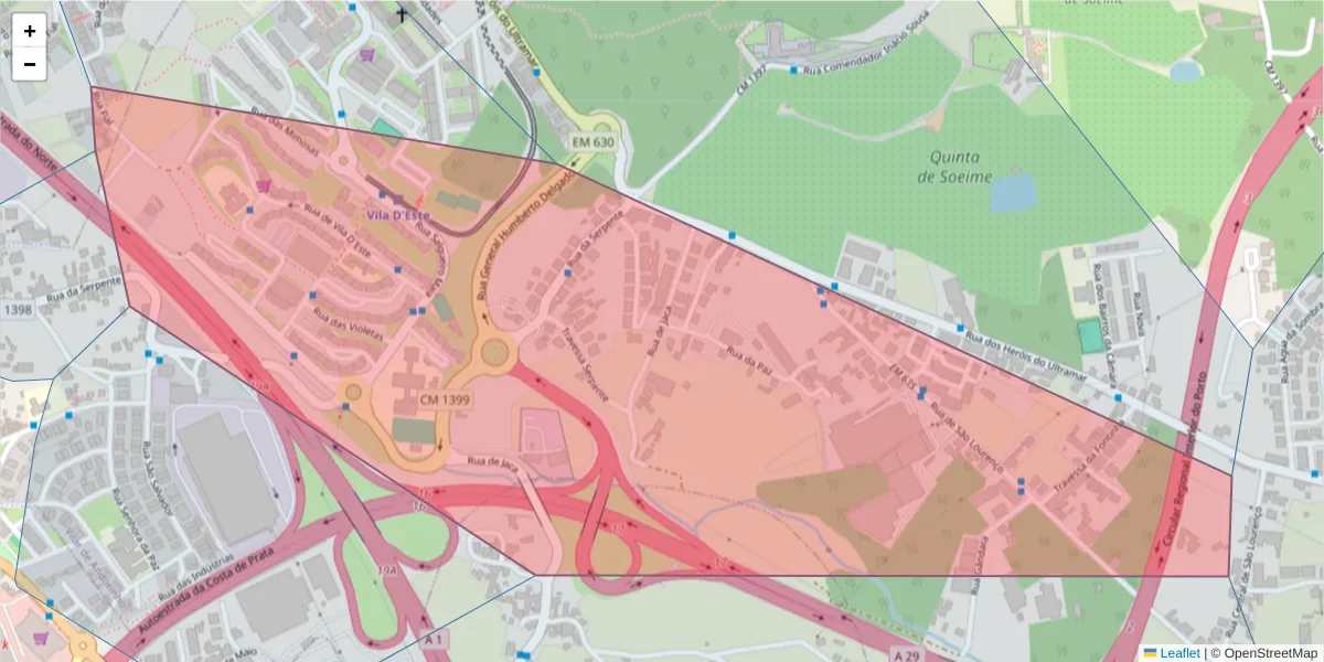 Mapa detalhado do código postal 4430-569 com limites, códigos postais vizinhos e agências dos correios