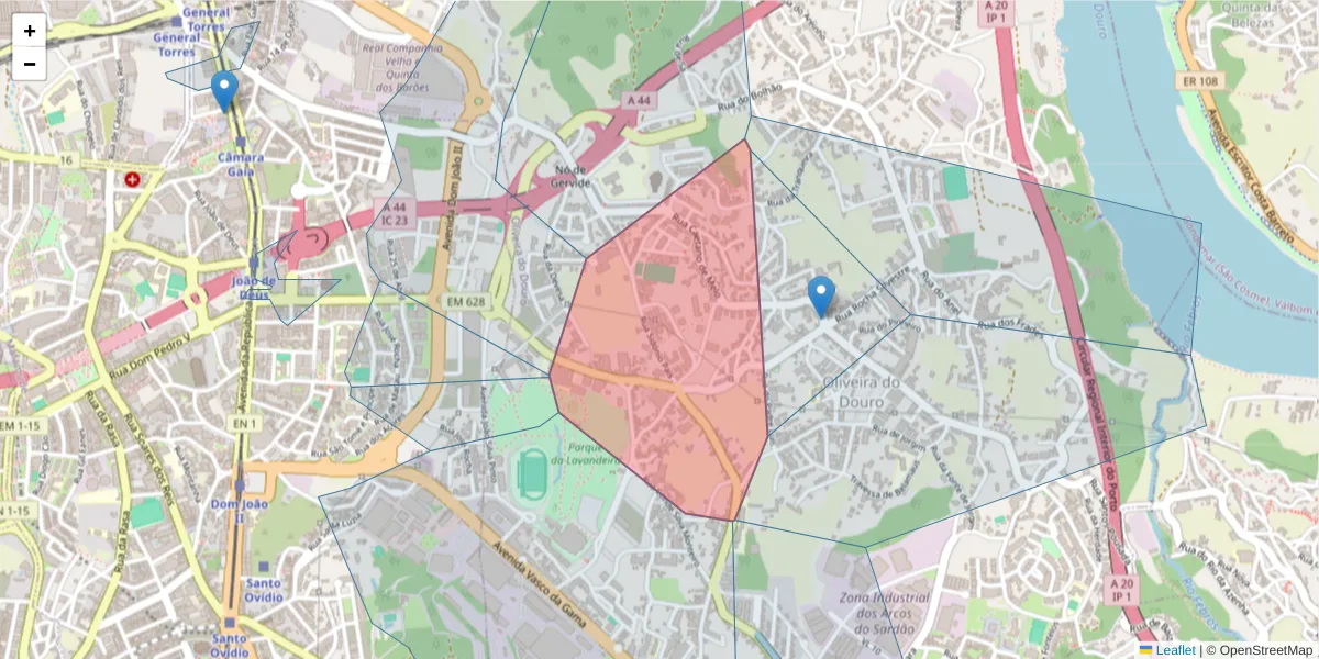 Mapa detalhado do código postal 4430-748 com limites, códigos postais vizinhos e agências dos correios