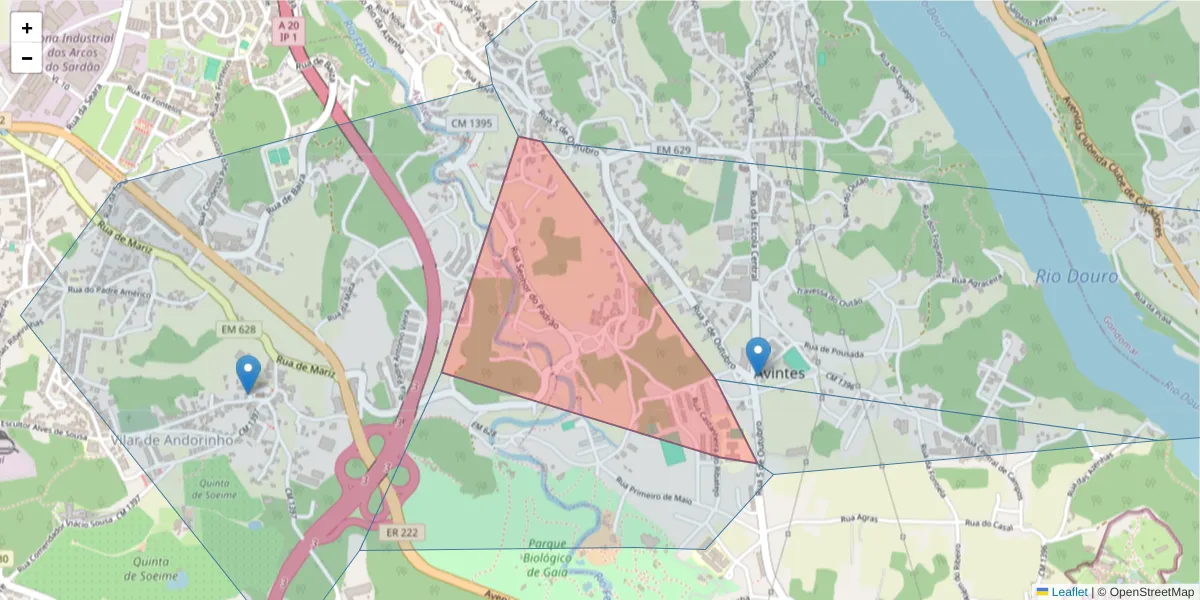 Mapa detalhado do código postal 4430-784 com limites, códigos postais vizinhos e agências dos correios