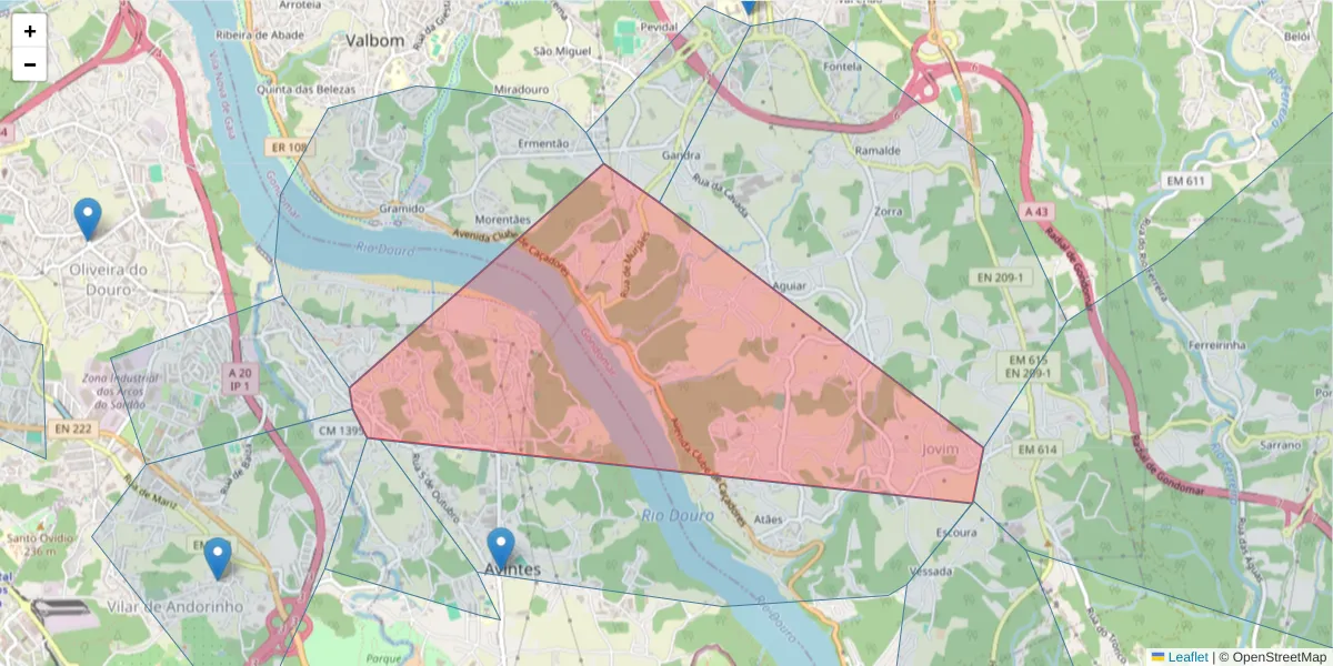 Mapa detalhado do código postal 4430-857 com limites, códigos postais vizinhos e agências dos correios