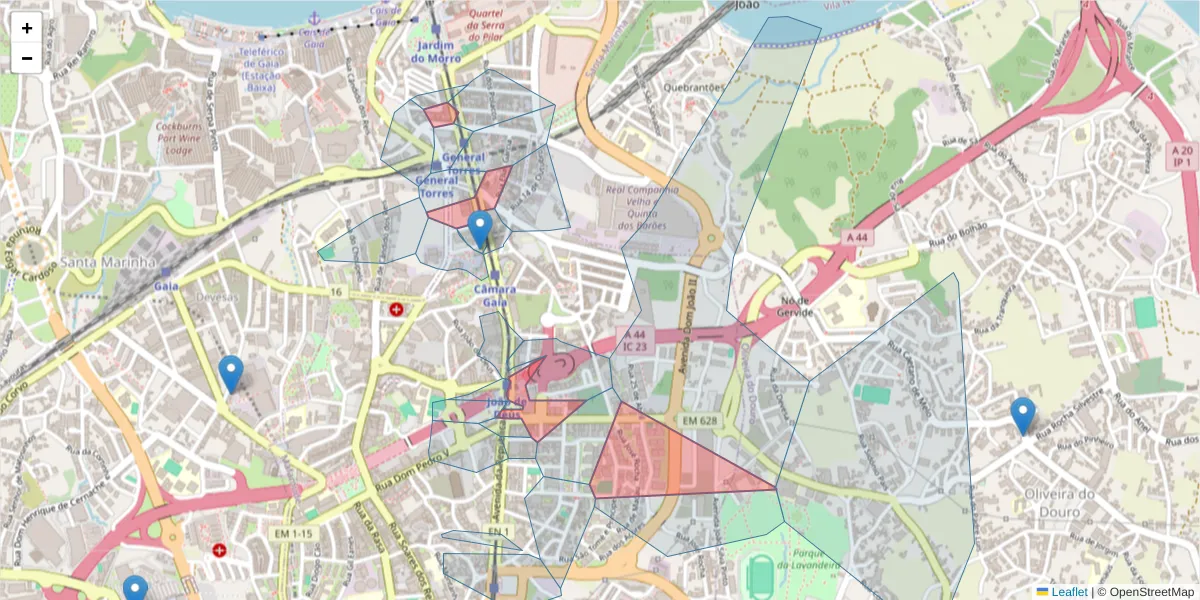 Mapa detalhado do código postal 4430-999 com limites, códigos postais vizinhos e agências dos correios