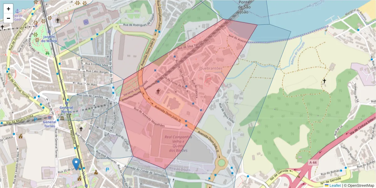 Mapa detalhado do código postal 4431-952 com limites, códigos postais vizinhos e agências dos correios
