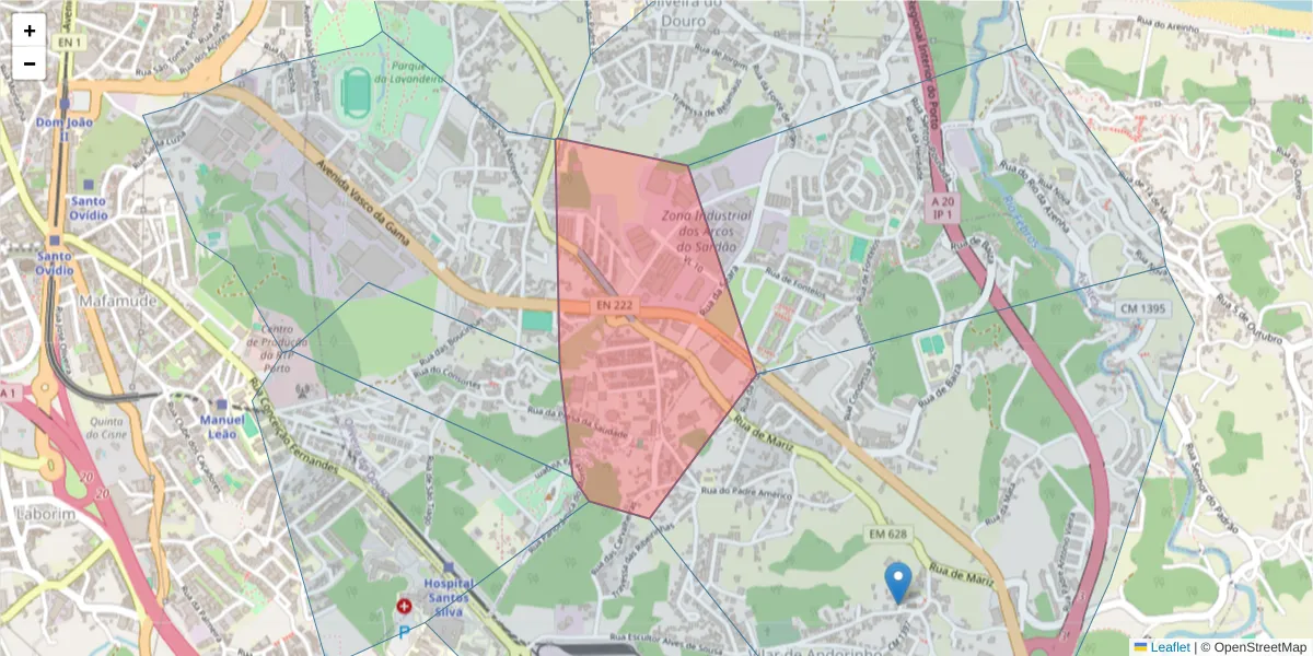 Mapa detalhado do código postal 4431-961 com limites, códigos postais vizinhos e agências dos correios